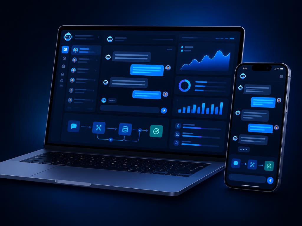 AI agent app mockup on laptop and phone